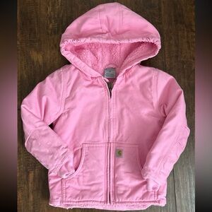 Carhartt 4T Girls' Sherpa-Lined Hooded Canvas Zip-Up Jacket in Pink